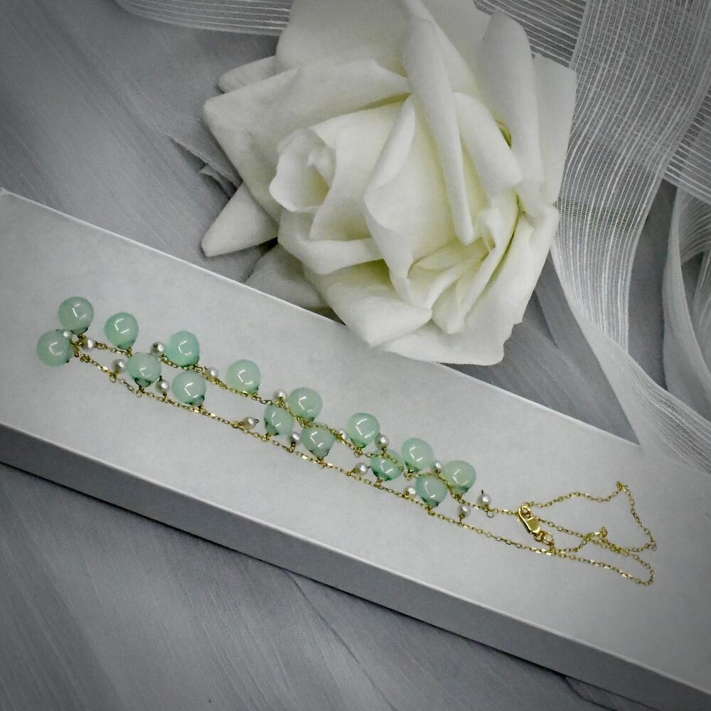 JewelMak 14K Gold Green Chalcedony Coin Pearl Station Drop Necklace 9.45g 17